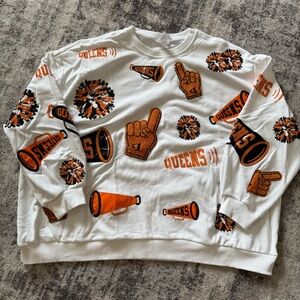 QOS White Sweatshirt with Orange and Black Cheer